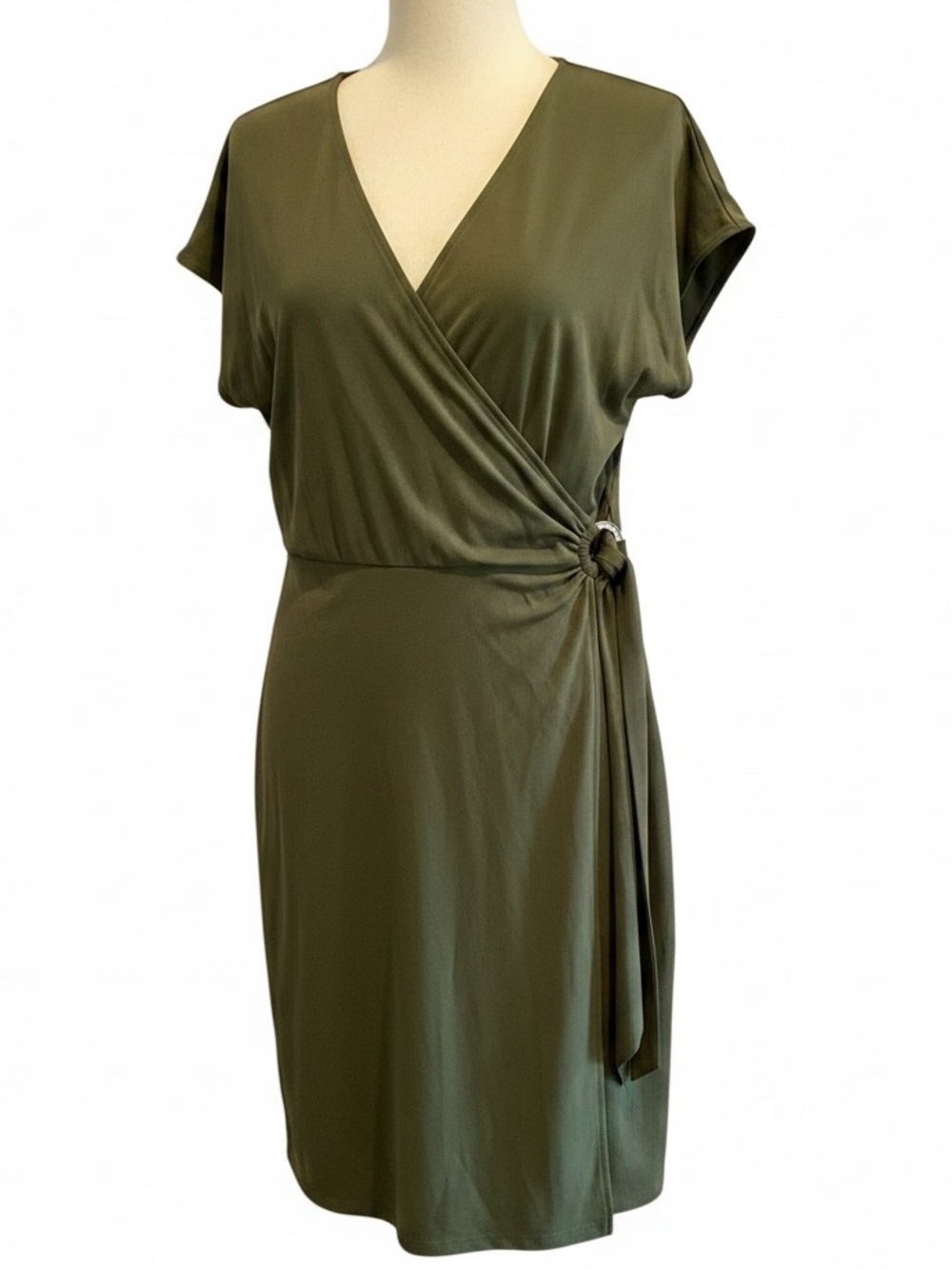 Michael Kors XL Olive Green Faux Wrap Dress NWT Gold-Tone Ring Detail Stretch